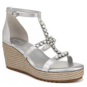 Naturalizer Silver Jeweled T-Strap Espadrille Wedge Sandals